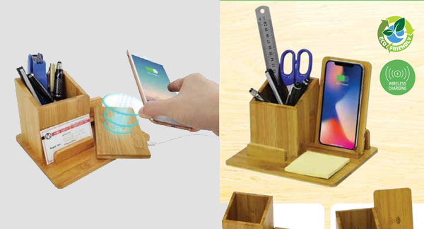 BAMBOO QI FAST WIRELESS CHARGER PAD WITH STATIONARY ORGANIZER